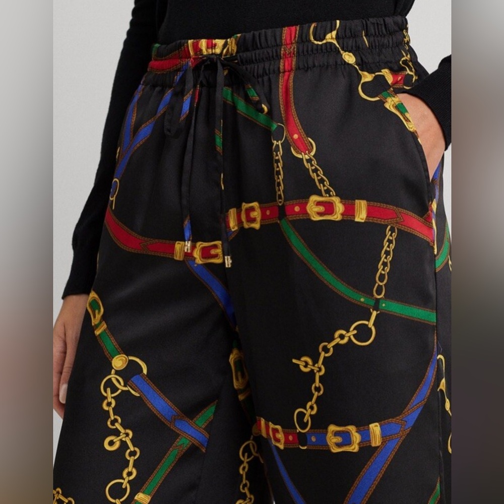 Lauren Ralph Lauren Black Wide-Leg Pants with Multicolor Chain Print - Picture 2 of 9
